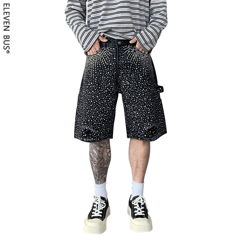 Summer Trendy Washed Men's Straight-Leg Denim Shorts American Retro Trendy Personality Rhinestone Denim Knee-Length Shorts for Men