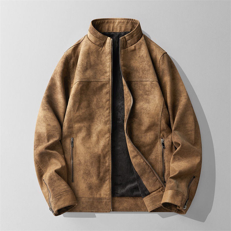 Cross-border Men's Leather Two-open fleece-lined Leather Jacket Korean-style Slim-fit Handsome Biker Suit with stand collar PU Leather Jacket for Men