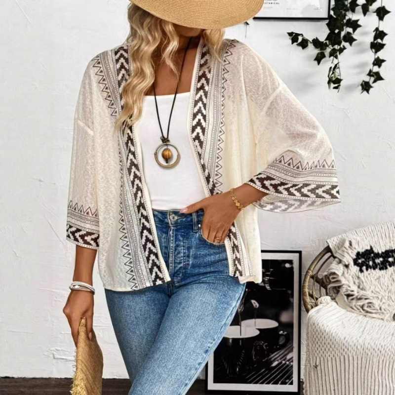 2025 Cross-Border European and American Summer Knitwear Elegant Printed Bell-Sleeve Cardigan