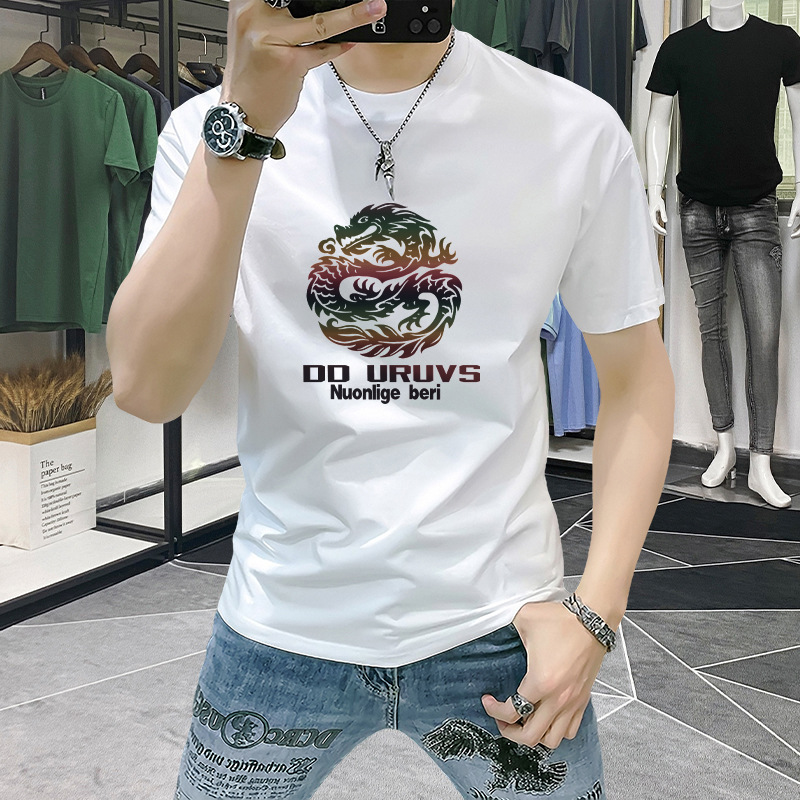 2025 New Short-sleeved Men's Popular Fashion Brand Dragon Printed Half-sleeved Slim-fit All-match Summer Fashionable All-match T-shirt