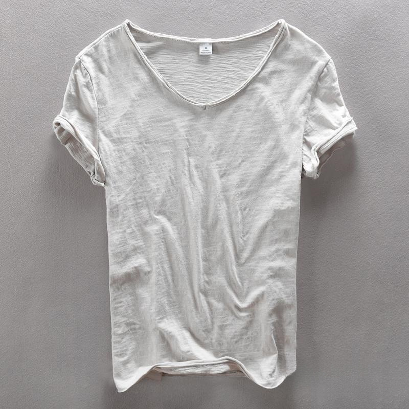 European and American Street Style Men's Short-Sleeve Cotton T-Shirt, Hong Kong Style Trendy V-Neck Distressed Solid Color T-Shirt, Multiple Colors, Free Shipping