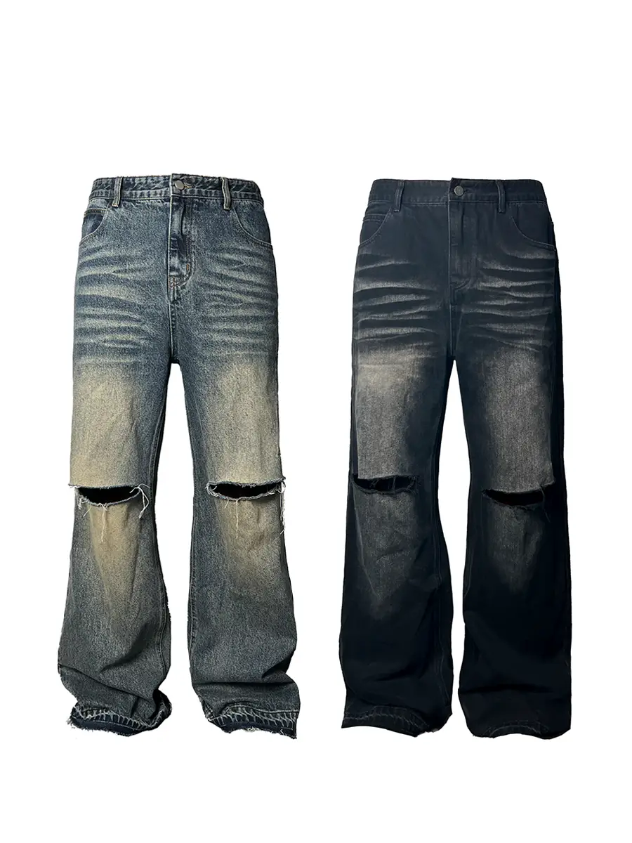 Jcaesar 23Ssdestory Denims Distressed Knife-Cut Wide-Leg Flared Jeans, Two-Tone Heavy Wash