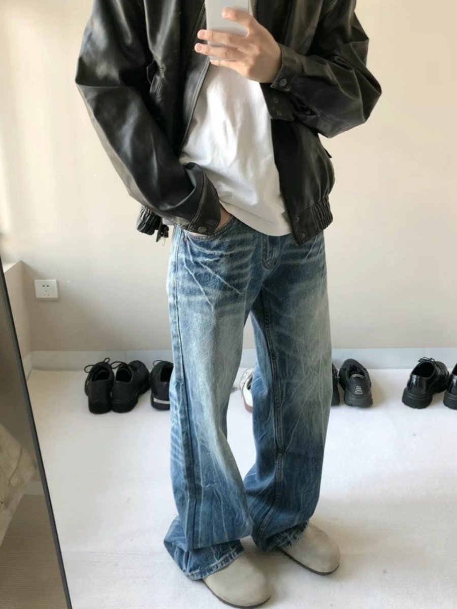 American Retro Street Style Washed Distressed Lightning Crack Jeans for Men, Autumn Trendy Brand Versatile Cleanfit Men's Fashion