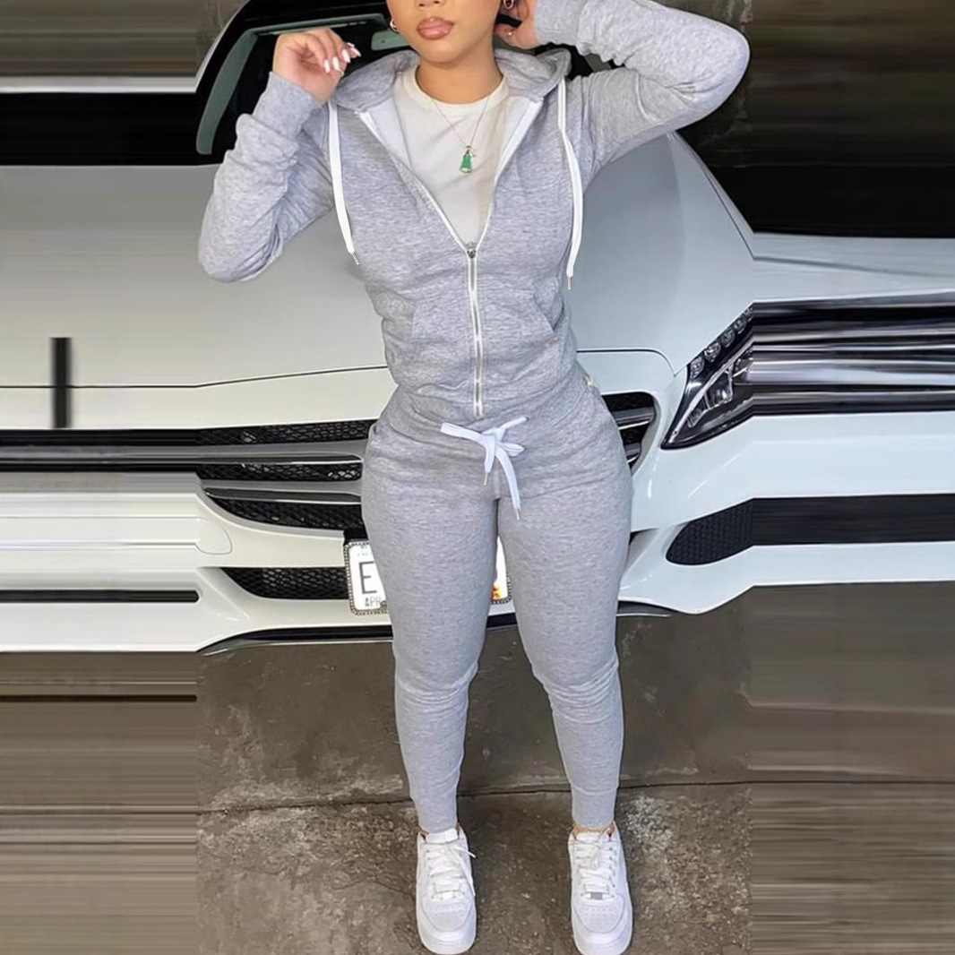 Cross-Border Amazon Kangaroo Pocket Fashion Casual Zipper Hoodie 2024 Women's Winter and Autumn Long-Sleeve + Long Pants