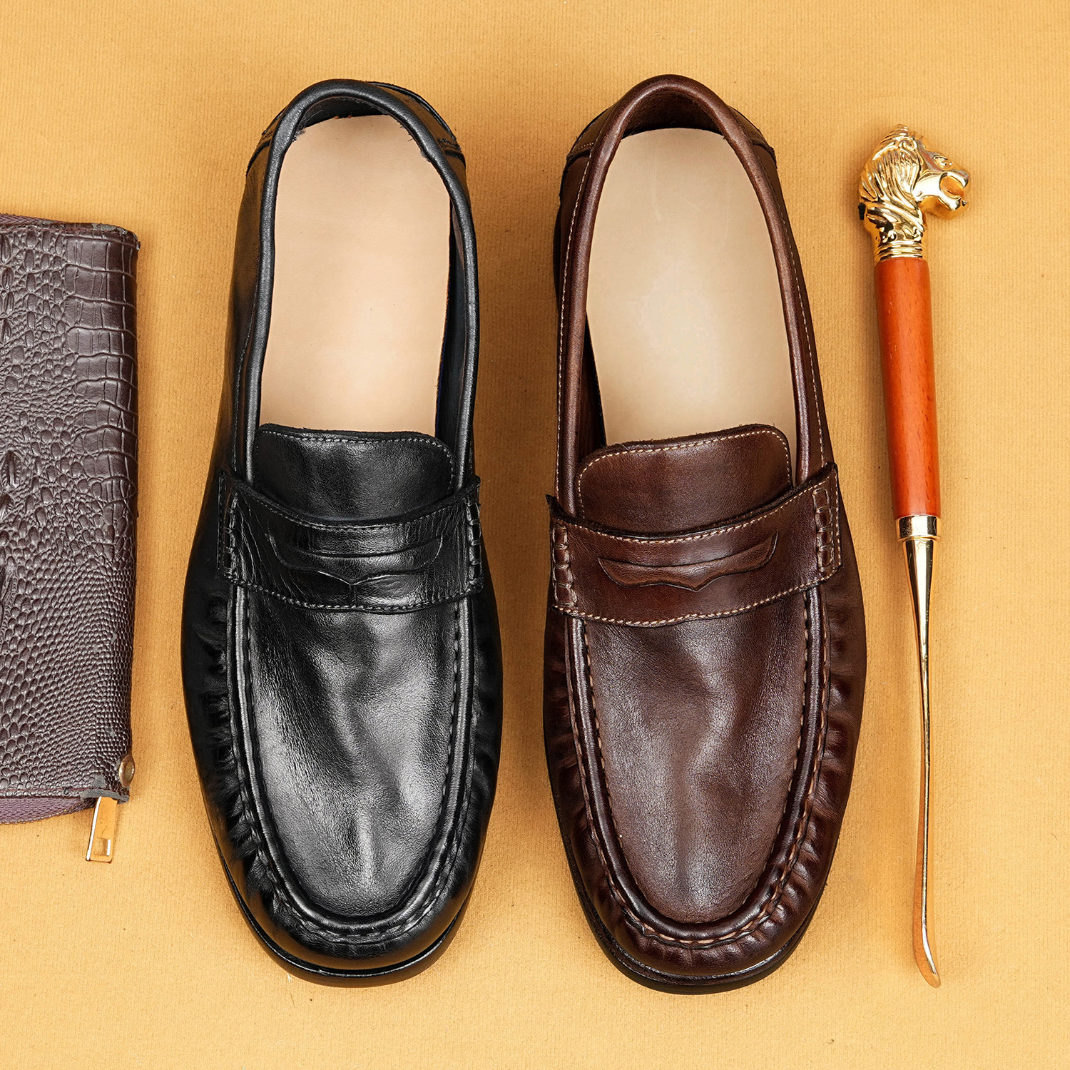 Old Money Style Men's Goodyear Loafers, Distressed Horse Leather Slip-Ons, Retro British Business Formal Casual Men's Shoes