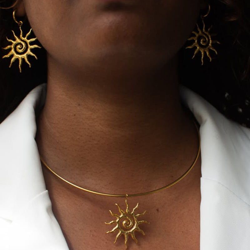 European and American Cross-border Spiral Sun Pendant Necklace INS Style Fashion Earrings Light Luxury Zinc Alloy Plated 18k Gold