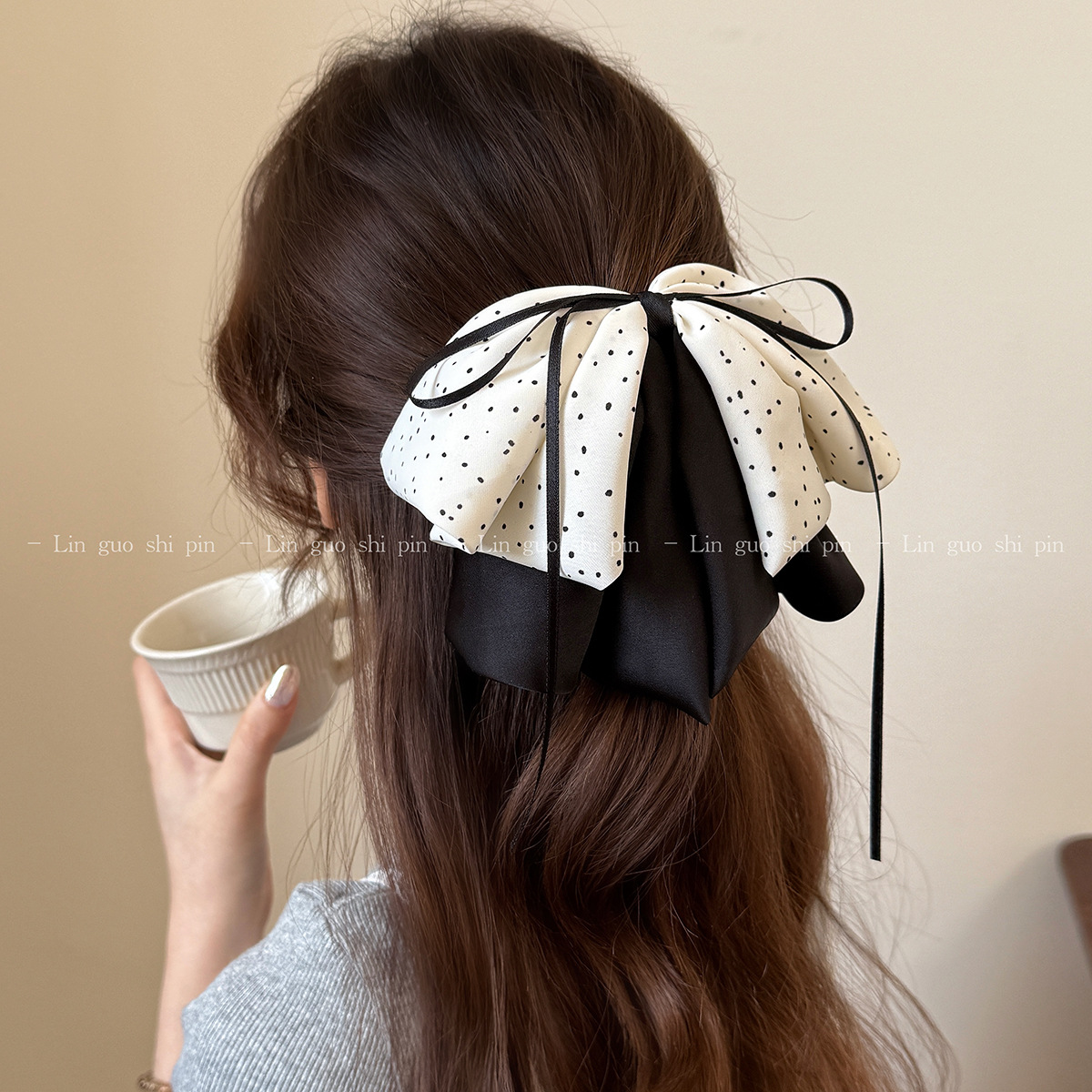 Princess Korean Style Wave Dot High-end Bow Ribbon Ponytail Clip Fashion All-match Super Fairy Grab Clip Back Head Hairpin