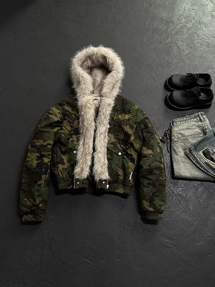 GRAYDREAMS Winter American style vintage camouflage fur collar, mountain carving, clean fit, thick cotton jacket, short jacket