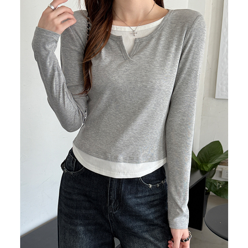 New Autumn and Winter Holiday Two-Piece Right Shoulder Long-Sleeved Design Slim Short Bottoming Shirt with T-Shirt Top for Women