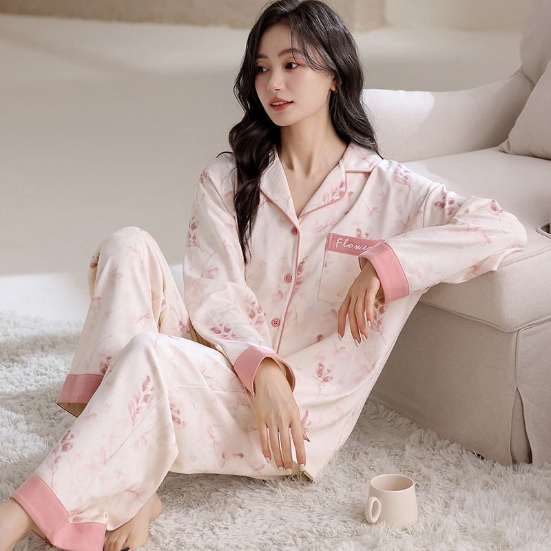 Korean Style Pure Cotton Pajamas for Women, Long-Sleeved and Long Pants, Autumn and Winter, Sweet Lettering and Floral Design, Plus Size Loungewear Set, Can Be Worn Outside