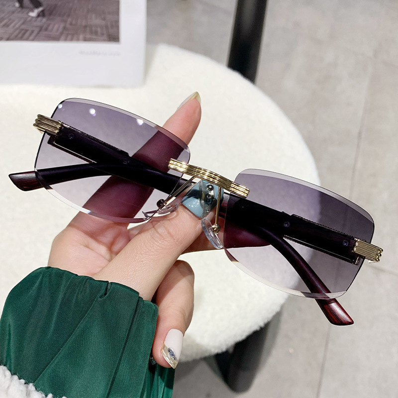 Wood Grain Rimless Sunglasses for Men and Women, Personalized Leopard Head Decoration, Trendy Fashion Sunglasses, Ready for Sale, Uv Protection