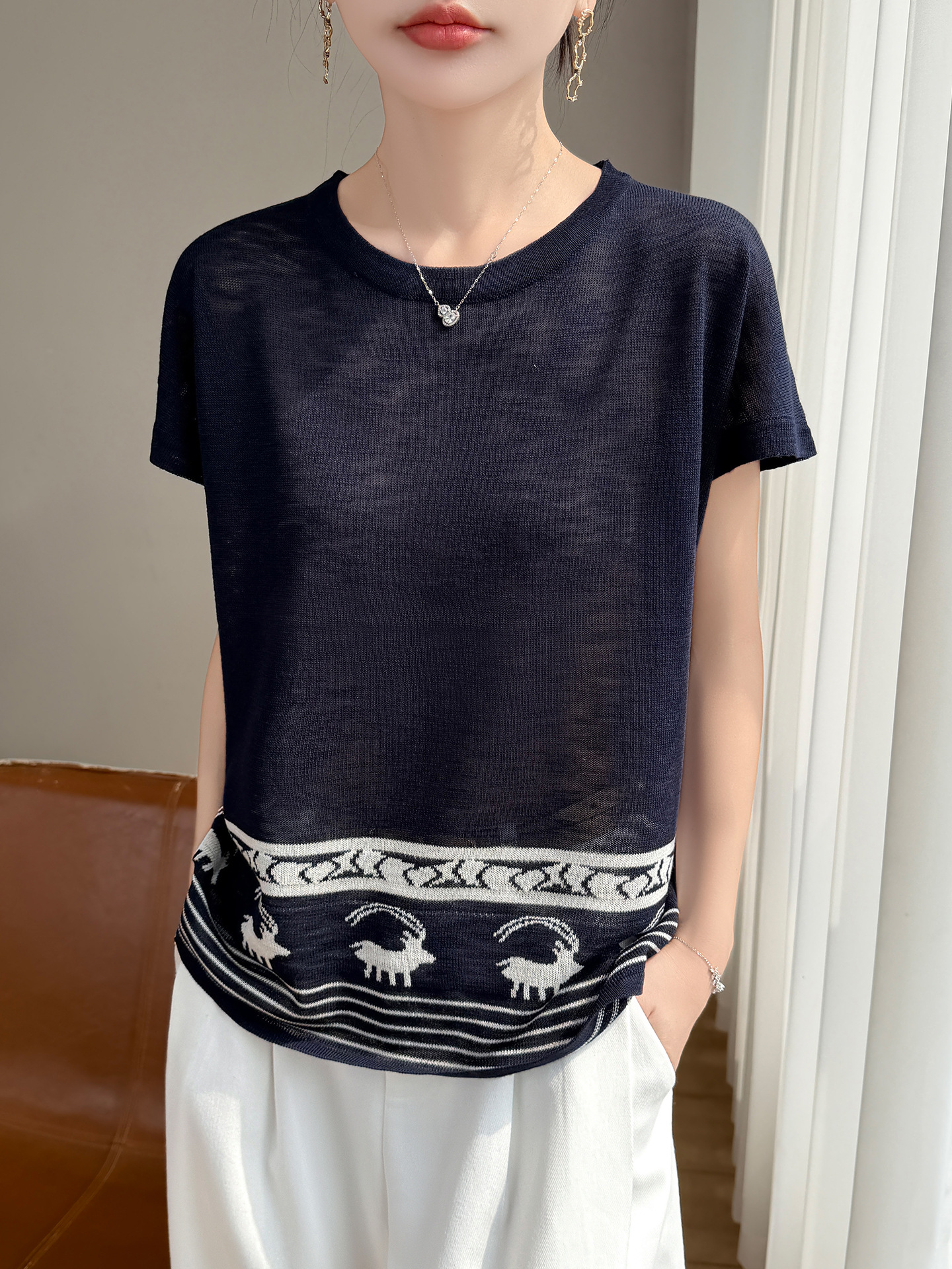French-Style Pastoral Bamboo Jacquard Floral Short-Sleeve Women's Top with 3D Texture Breathable Knitwear, Summer Versatile and Artistic