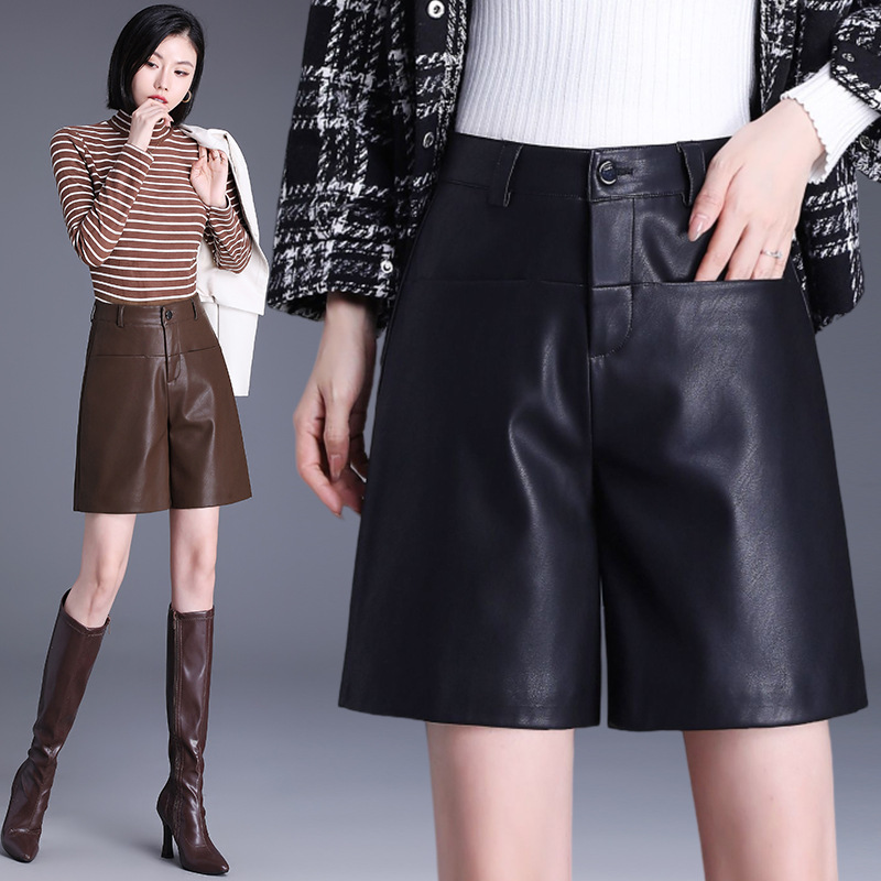 Brand Sheep Leather Shorts Women's Autumn and Winter 2024 New Casual Slimming Black Leather Pants All-match Boots Pants for Outer Wear