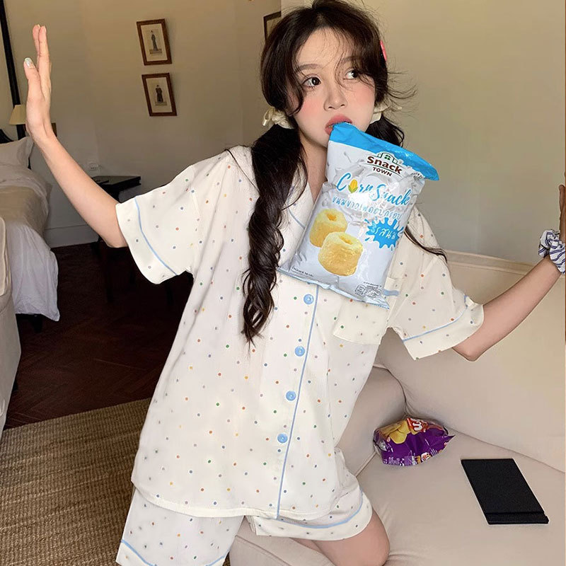 Fresh Polka Dot Pajamas for Women Summer Korean New Style Dopamine High-End Short-Sleeved Home Clothes Imitation Cotton Casual Suit