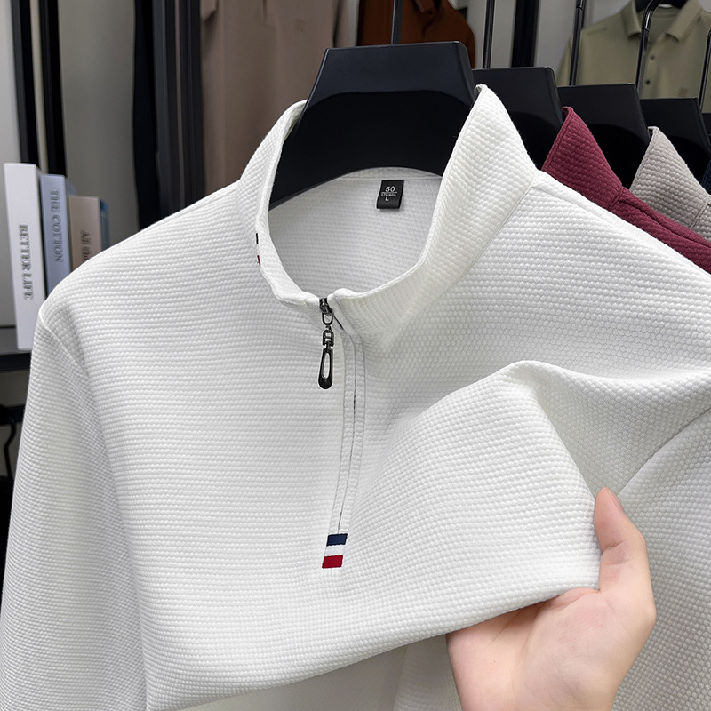 High-Quality Zippered Half-High Collar T-Shirt Long-Sleeved Men's Autumn New Style Cotton Jacquard Casual Sports Sweatshirt for Men