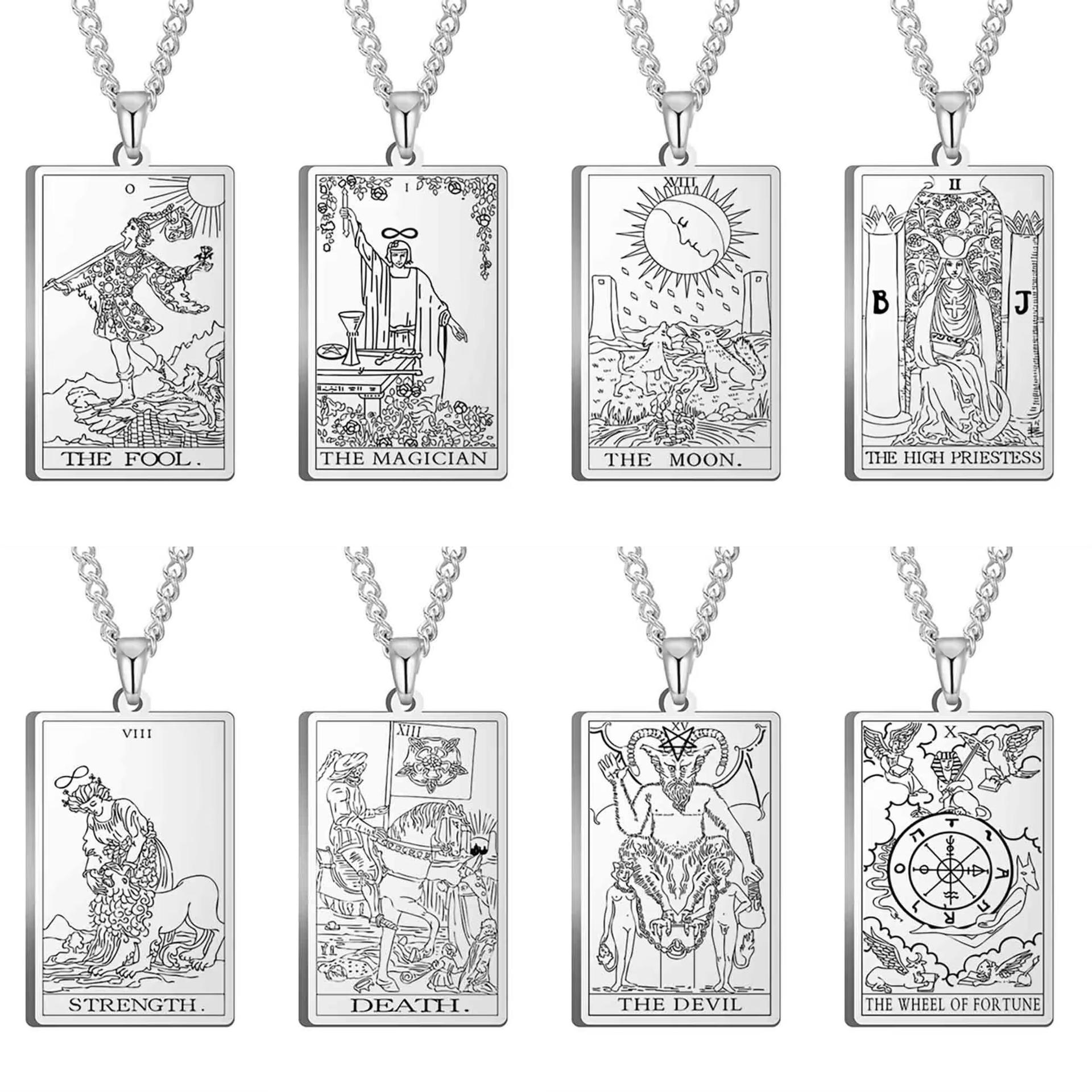 Cross-border Hot Selling Fashion Simple Titanium Steel Square Brand Tarot Star Moon Sun 22 Military Brand Pendant Necklace