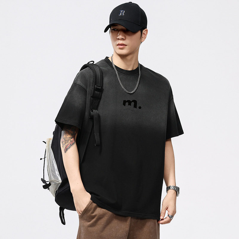 plus size Men's Summer New 260G Heavy American Retro Crewneck T-shirt Loose Joker Dye Wash Gradient Short Sleeve