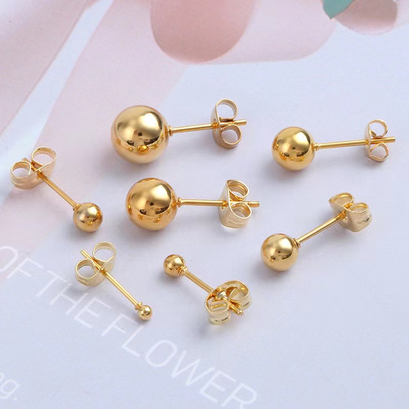 Titanium Steel Round Bead Earrings Japanese and Korean Round Ball Stainless Steel Ear Jewelry Gold Bean Female Student Ear Needles 18K Vacuum Plating
