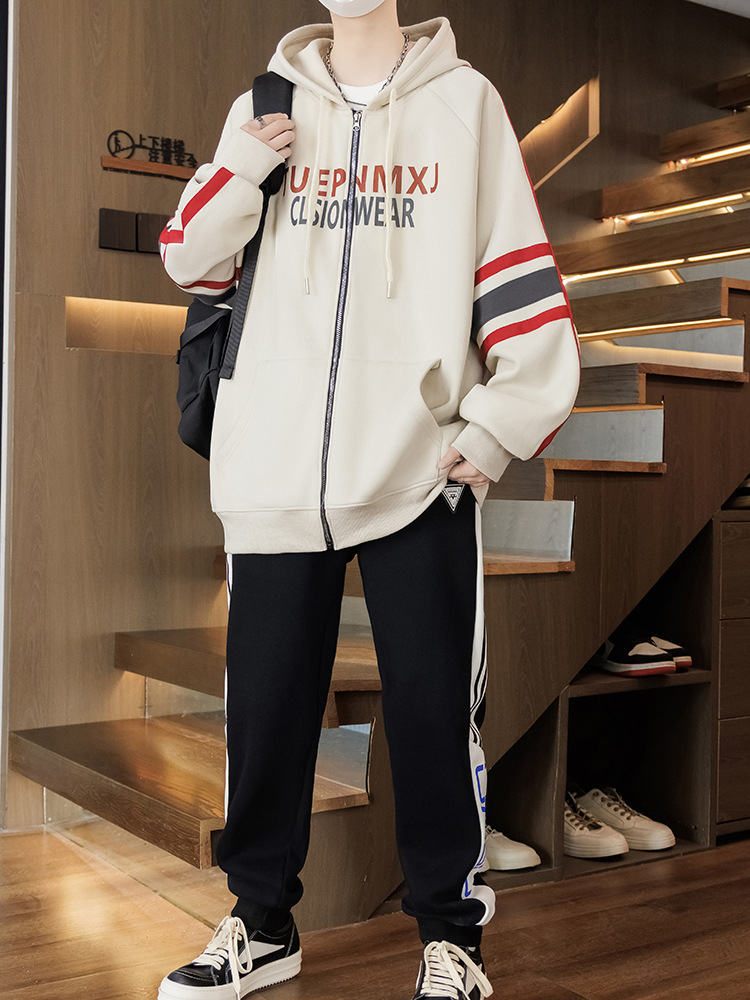 Winter Teenagers Hooded Lambskin Cardigan Sweater Men's Jacket Teenagers Junior High School Students fleece-lined Thickened suit