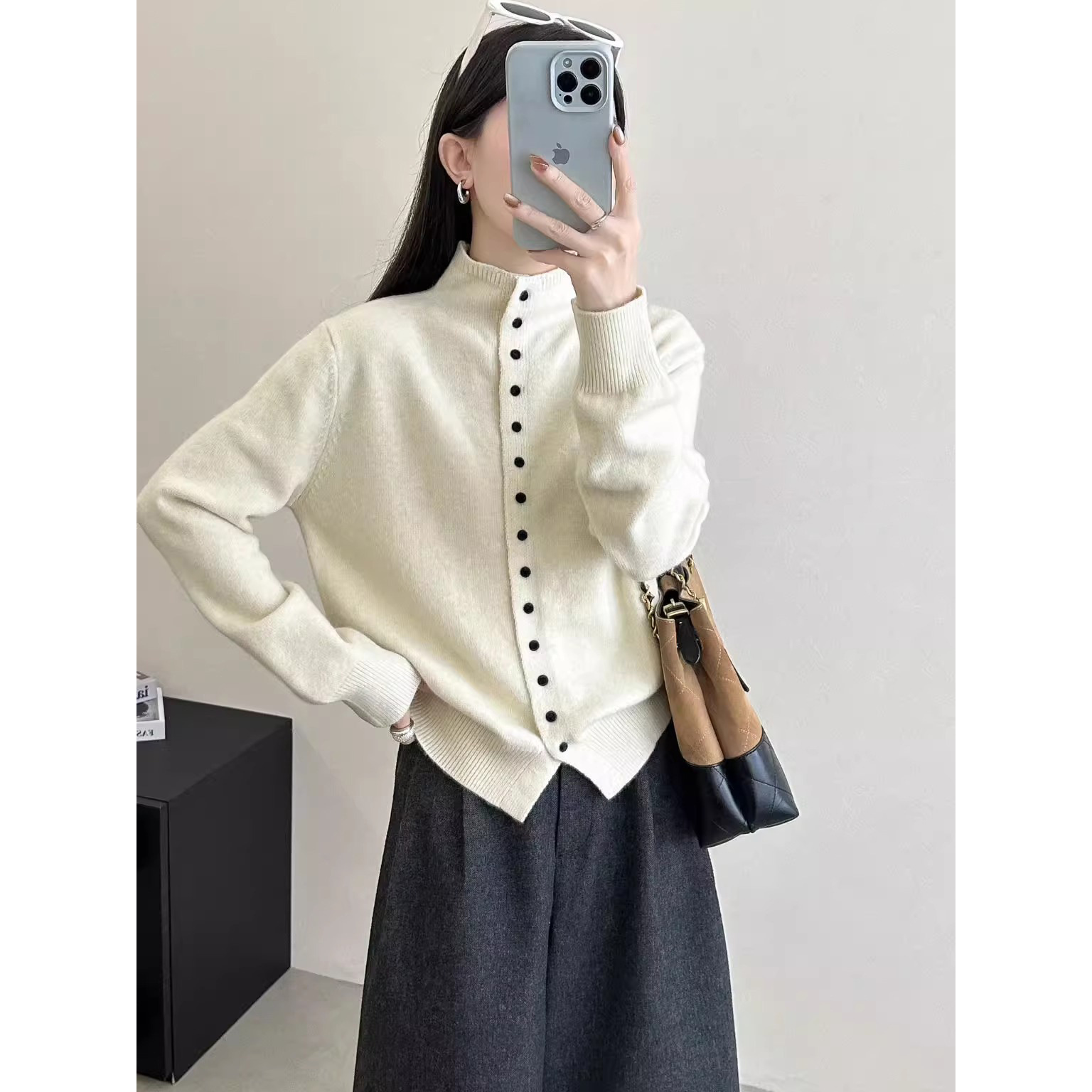 Chic Small Square Button Half-High Collar Knitted Cardigan for Women, Autumn and Winter Lazy Style Coat, Fashionable Versatile Soft Sweater