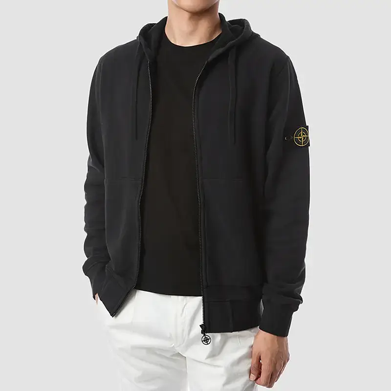 Stone Compass Embroidery Shoulder Patch Basic Hooded Sweatshirt Autumn and Winter Casual Functional Zipper Jacket for Men
