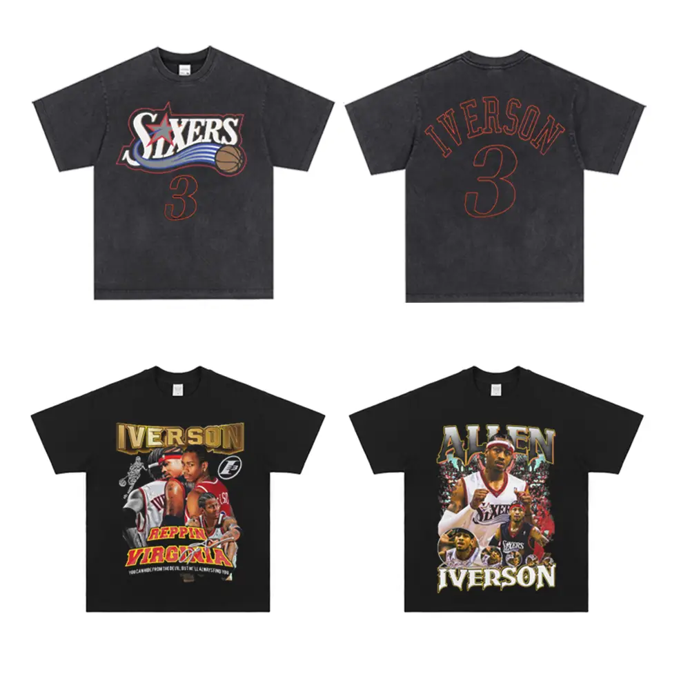 Allen Iverson Vintage Tee Iverson 76ers short sleeved distressed washed loose cotton round neck