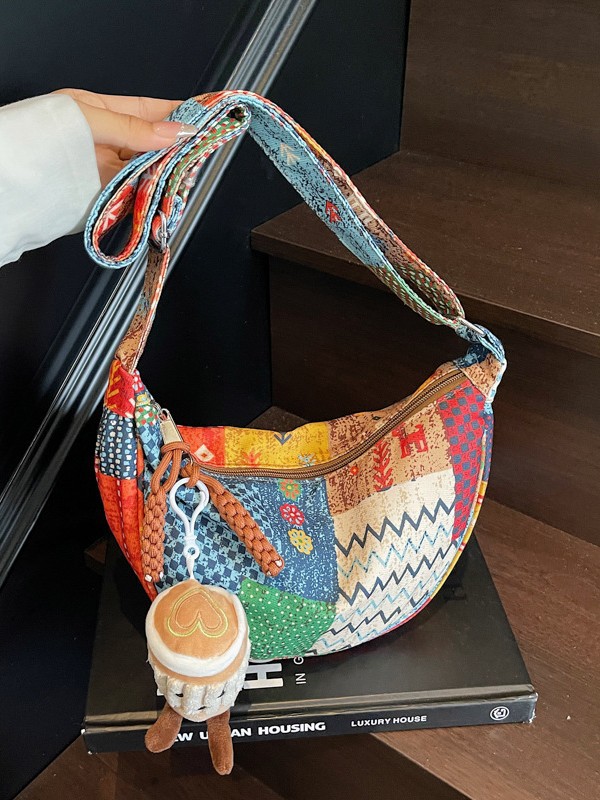 Contrast Color Painted Ethnic Style Dumpling Bag 2025 New Texture Casual Personalized Cloth Bag Fashionable Shoulder Crossbody Bag