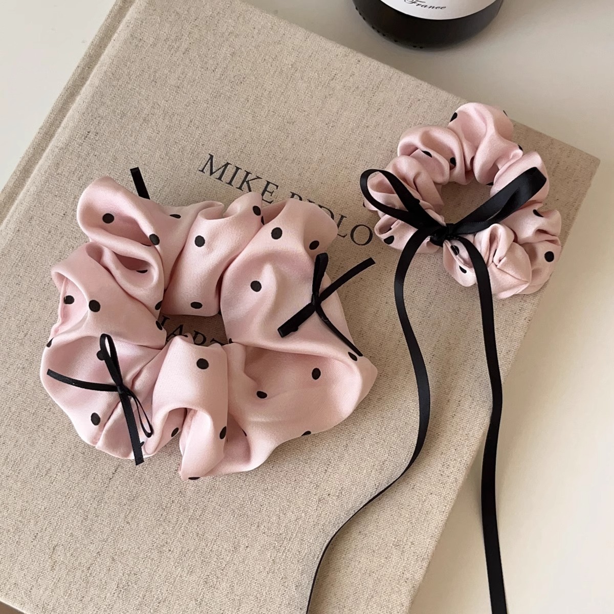 2024 new cream powder satin wave point hair band ribbon bow large intestine girl heart hair rope headdress wholesale