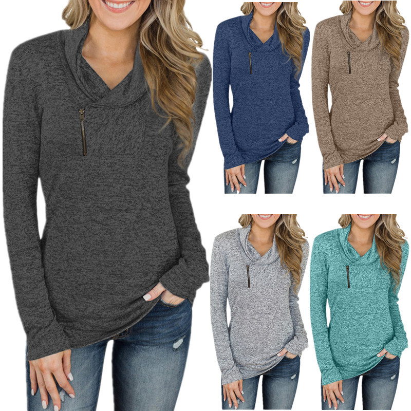 2022 European and American Autumn and Winter New Sweatshirt Women's Amazon Pure Color Long-Sleeved Pullover Zipper Women's Slim Large Size Top