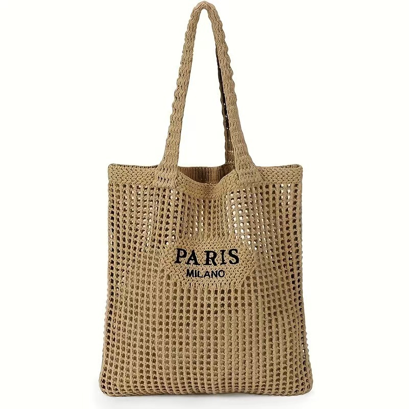 Hand-Woven Beach Net Bag, Cross-Border Amazon Beach Bag, Hand-Held Shoulder Bag, Hollow-Out Trendy Woven Letter Design