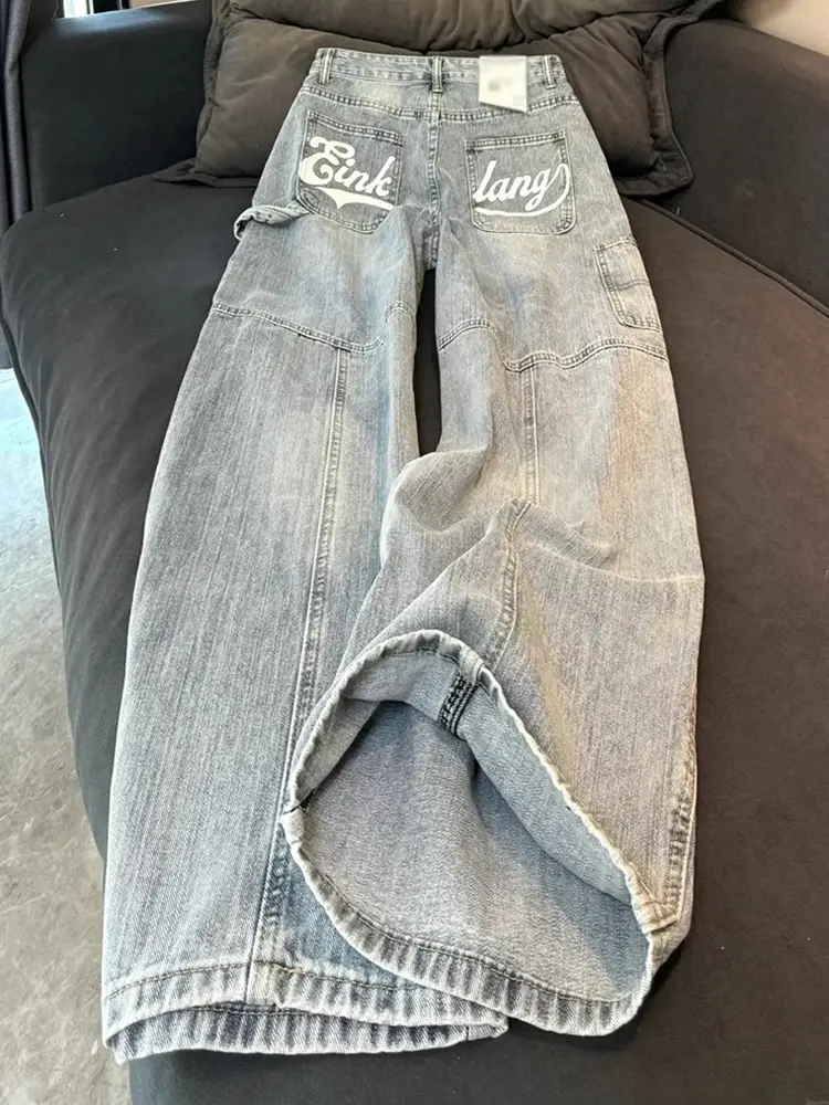 American retro Stylish Light Machete Denim Autumn Letter Print Loose pants Men's Loose Mop Pants