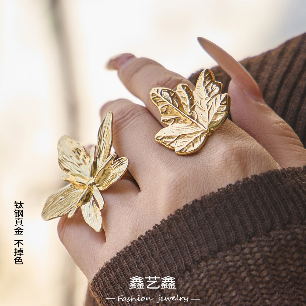 Ins Niche Personalized Design Geometric Flower Ring Set European and American Light Luxury Fashion Jewelry Stainless Steel Plated with 18K Gold