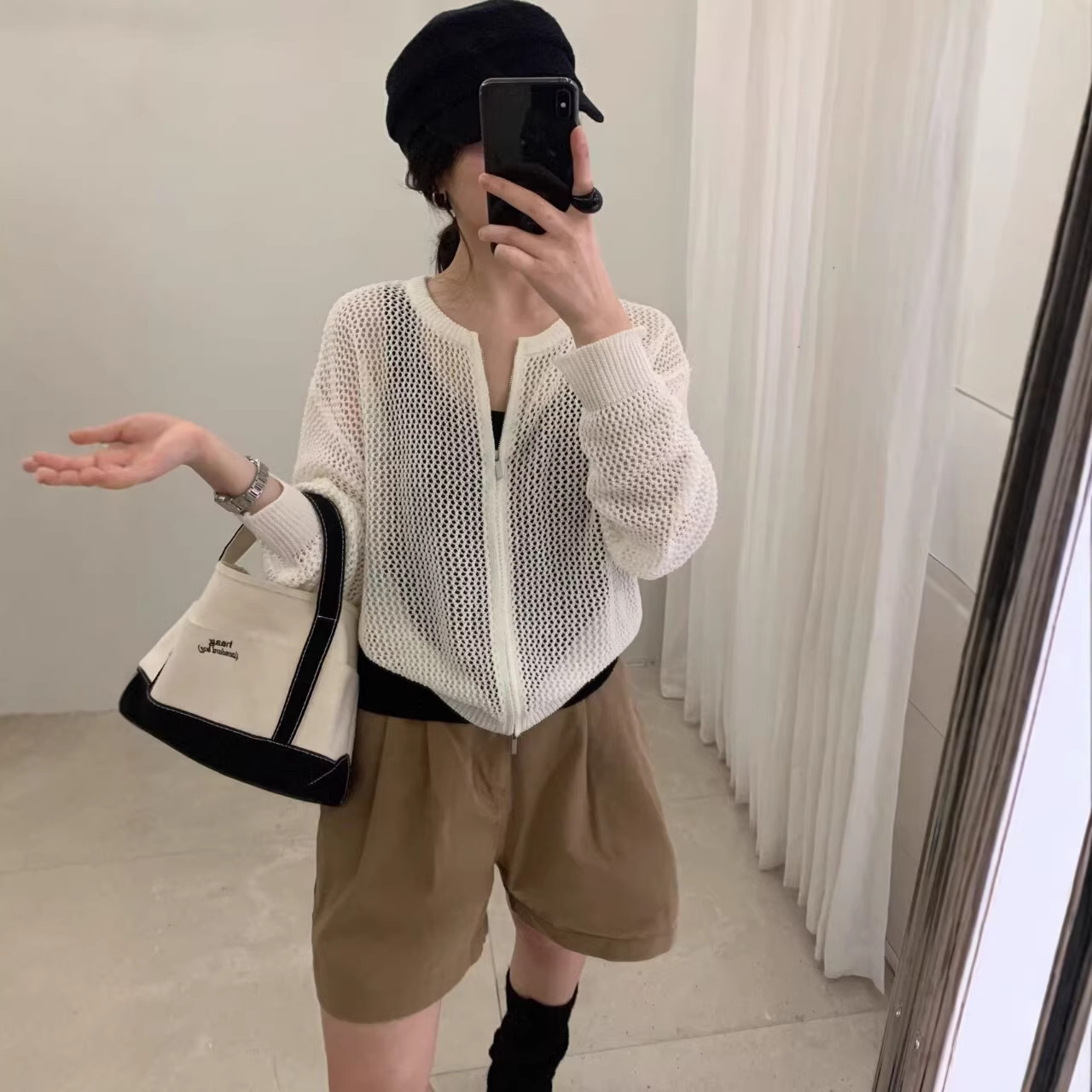 Korean-Style Gentle Round-Neck Hollow-Out Zipper Sun-Protection Knit Cardigan for Women, Spring and Summer, Elegant Loose Fit, Slimming, Breathable Thin Top