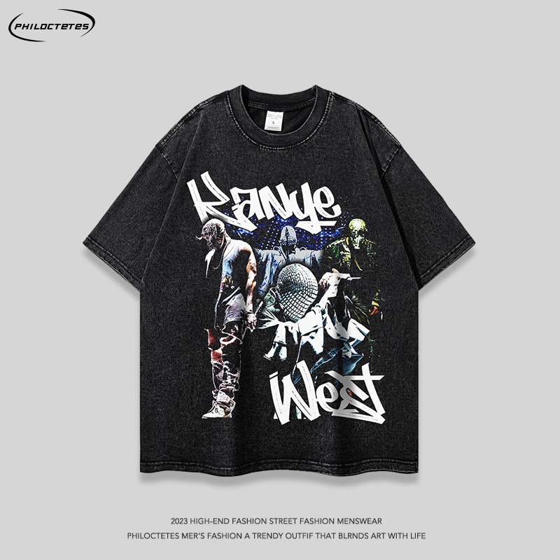 American rap portrait print heavy distressed short-sleeved T-shirt men's and women's street fashion brand hip hop retro long-sleeved T-shirt