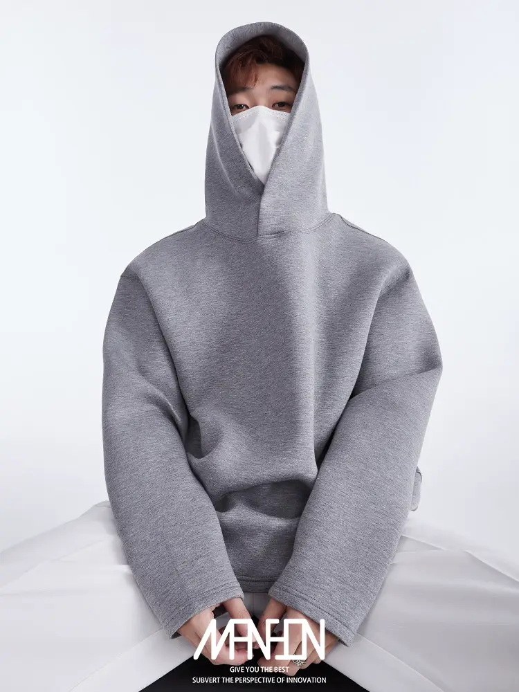 Manson Heavyweight Air Layer Stand-Up Collar Button Silhouette Gray Space Cotton Hooded Sweatshirt for Men, Niche Design with a Sense of Sophistication