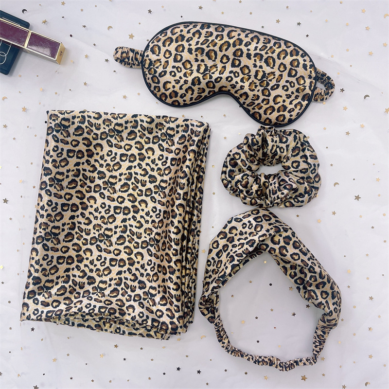 Leopard-print silk-like eye mask hair band silk pillowcase cute polled large intestine hair ring four-piece gift suit
