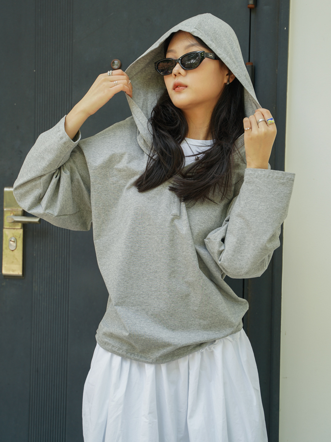 New Style Lazy Style Casual Versatile Long-Sleeved Light V Neck Hooded Loose Inner Top Women's Hoodie Sweatshirt 4505