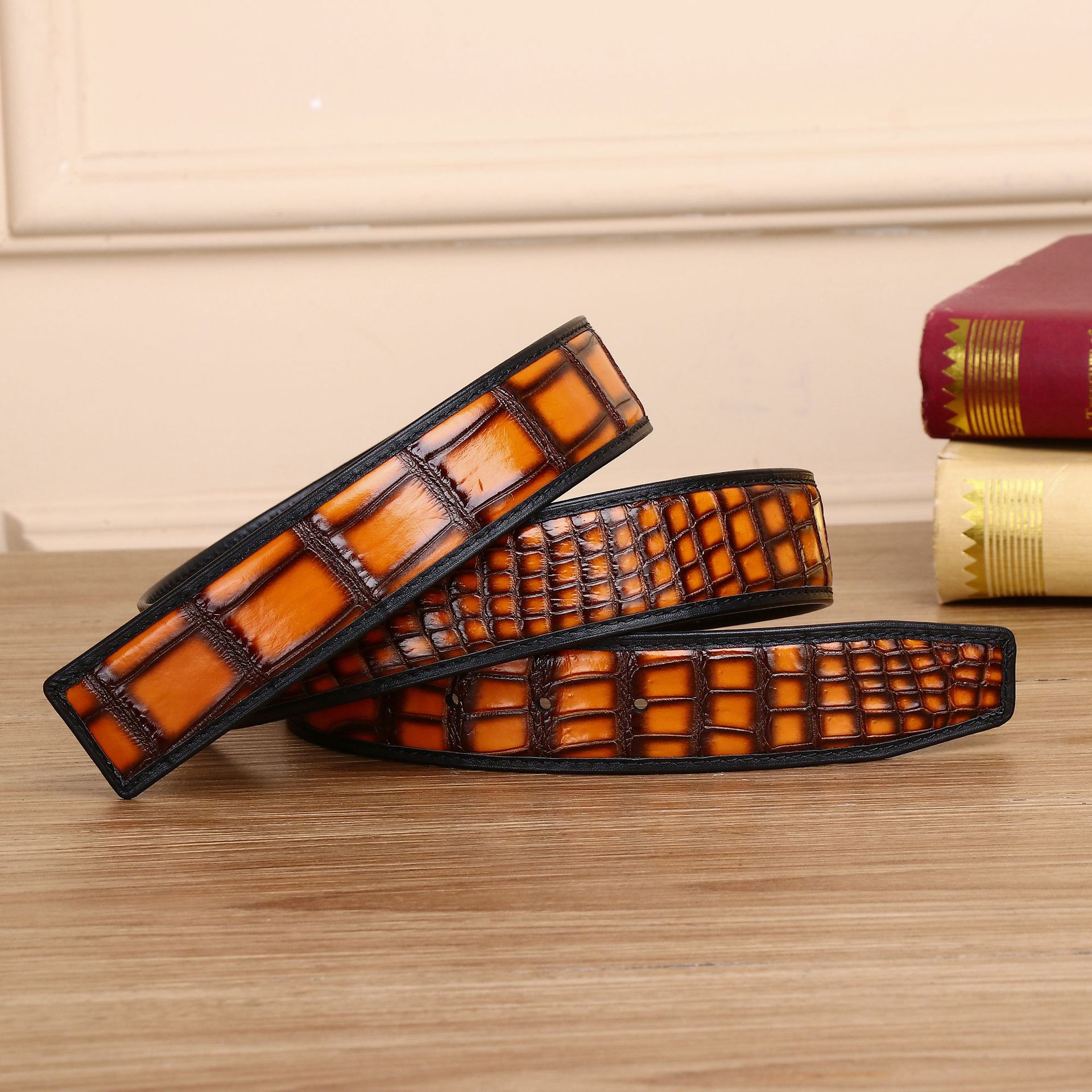Handcrafted Color-Embossed Crocodile Belly Pattern Men's Belt, Genuine Leather, Smooth Buckle, Trendy Factory Wholesale