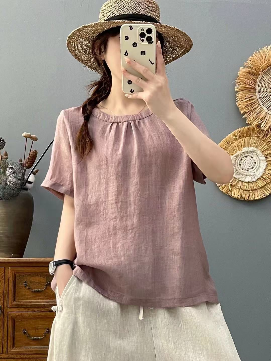 2025 Summer Shirt Short-Sleeved Ramie Loose Casual Reversible Korean Style Round Neck Shirt Short-Sleeved Thin New Style