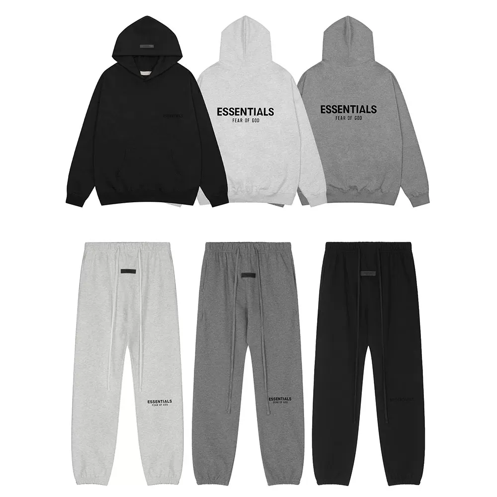 Essentials Flocked Printed Hooded Sweatshirt for Men and Women, Loose Casual Pure Cotton Terry Pants, High Street Style Set photo QC de TAOBAO sur Qualit.ly