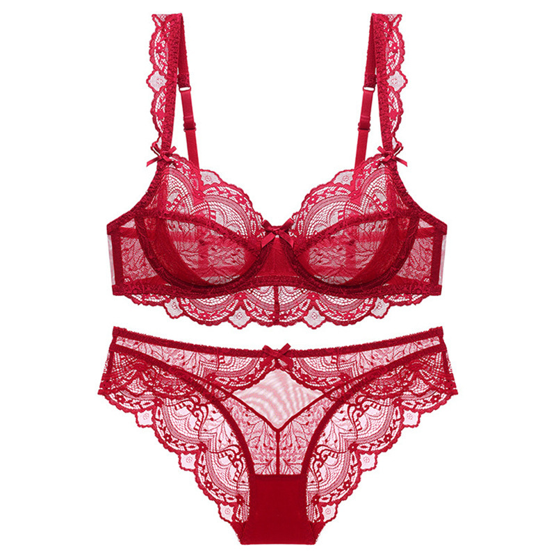 European and American Thin Sponge-Free Transparent Big Breast Revealing Small Lace Bra Women's Sexy Underwear Bra Set