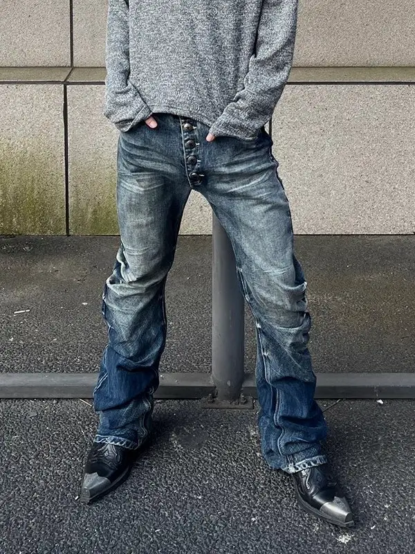American High Street Style Ice Blue Cracked Washed Three-Dimensional Whiskered Curved Knife Jeans with Button Placket, Pleated, Slim Fit, Casual Stacked Pants