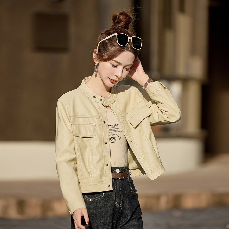 Women's Small Leather Jacket 2025 Spring and Autumn New Popular Version Small Short Slimming Vertical Collar Design Sense Motorcycle Leather Jacket