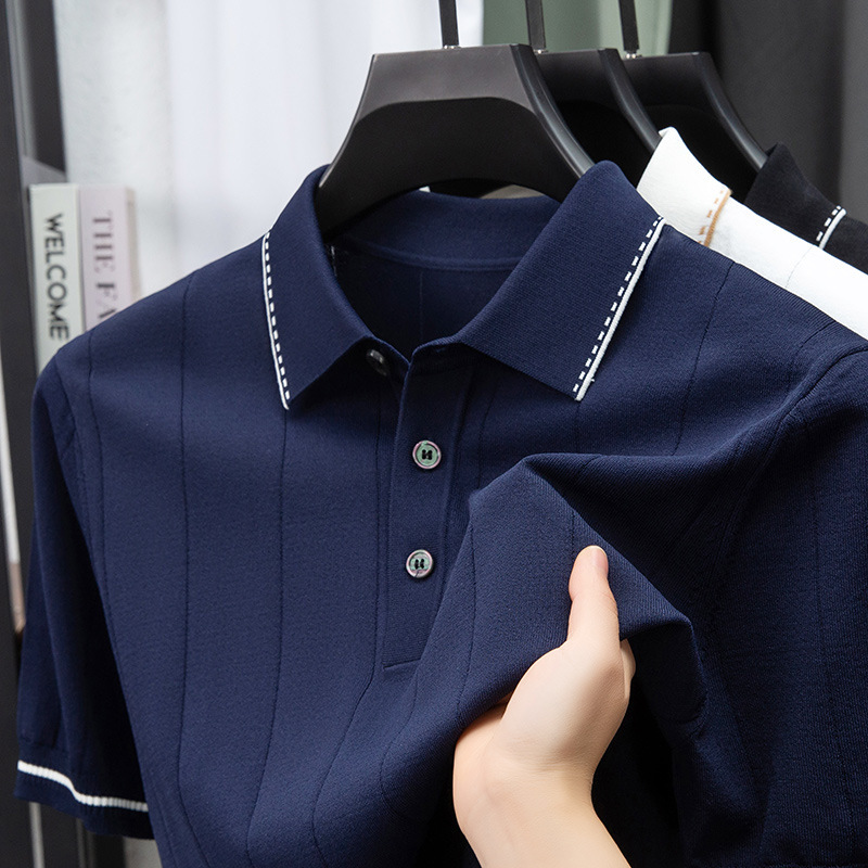 High-End Business Knitwear Men's Lapel Short-Sleeved T-Shirt American Retro Casual Trendyy Men's Lapel Short-Sleeved Men's t