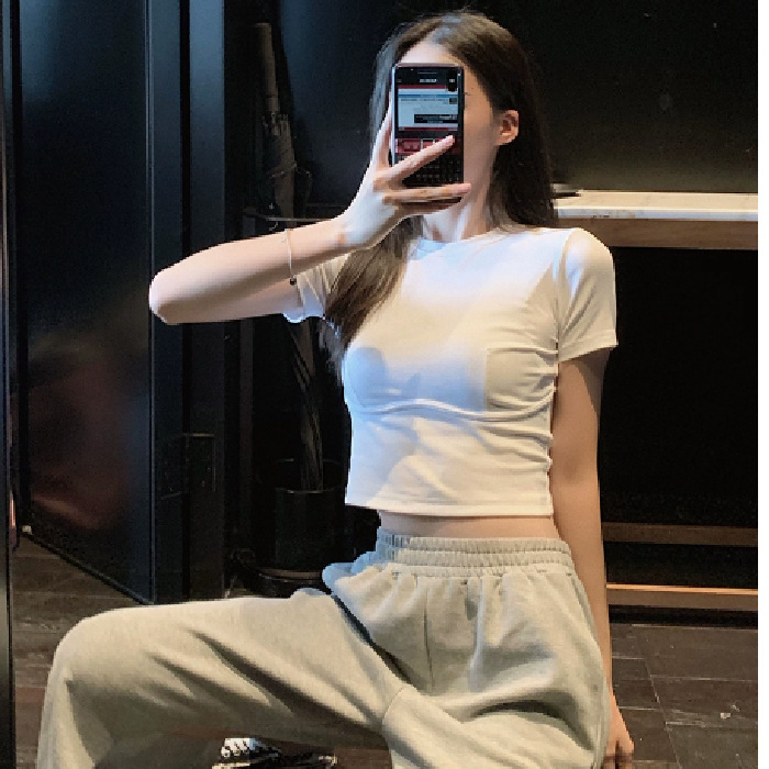 2025 Summer New White Short-sleeved T-shirt Women's Short Slim-fit High Waist Pure Cotton Tight T-shirt Round Neck Shoulder Top