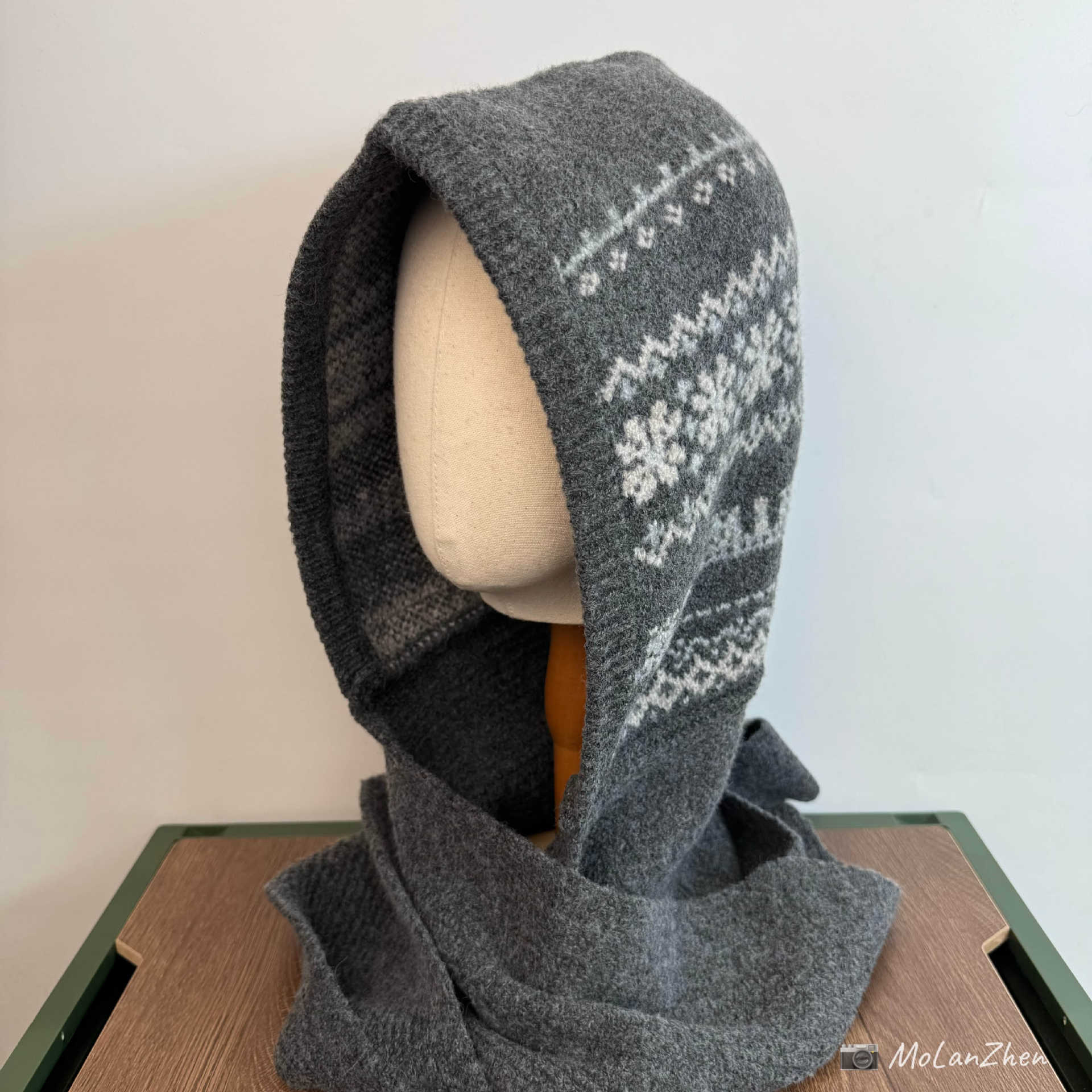 Korean-Style Fair Isle Balaclava Hat for Women, Autumn and Winter Scarf Integrated Warm Knit Hat, Head Wrap, Ear Protection, Neck Warmer
