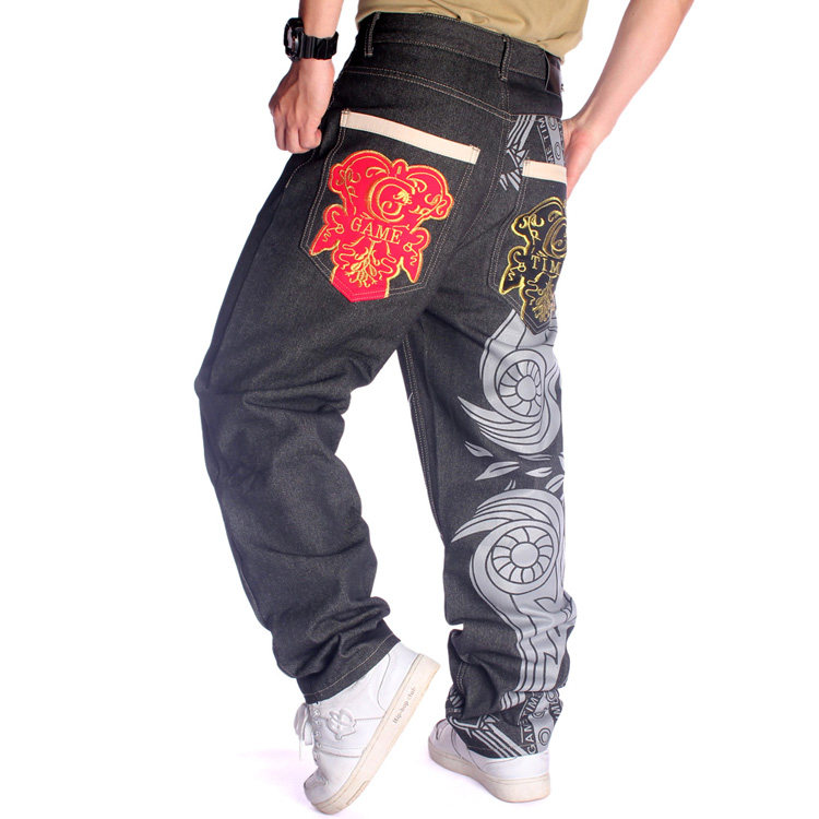 European and American Trendy Hip-Hop Street Dance Denim Pants, Trendy Men's Graffiti Embroidered Loose Casual Skateboard Pants