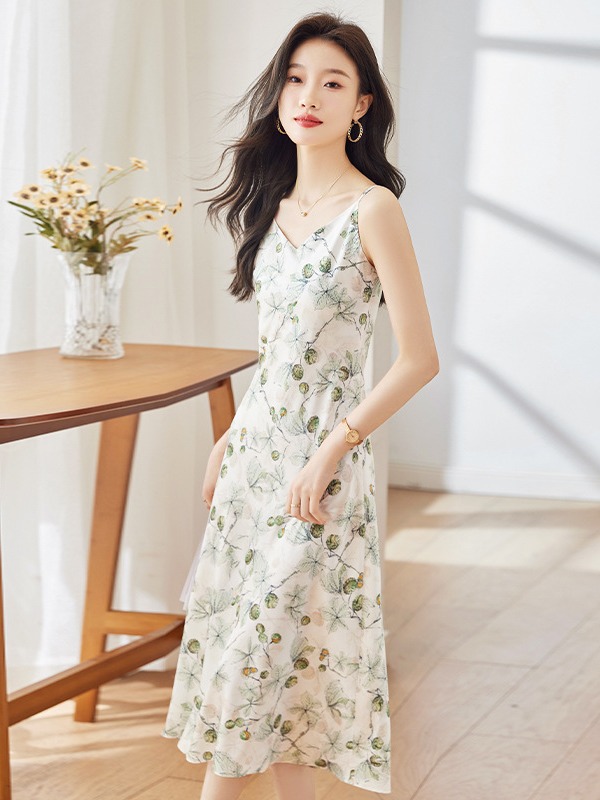 Qigu Niang French style draping floral strap dress women's elegant A- line skirt spring and summer thin base
