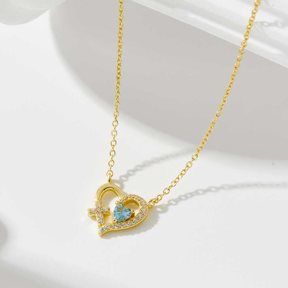 S925 Sterling Silver Hollow Cross Heart Necklace for Women European and American Cross-Border New Style Diamond-Encrusted Heart-Shaped Pendant Clavicle Chain