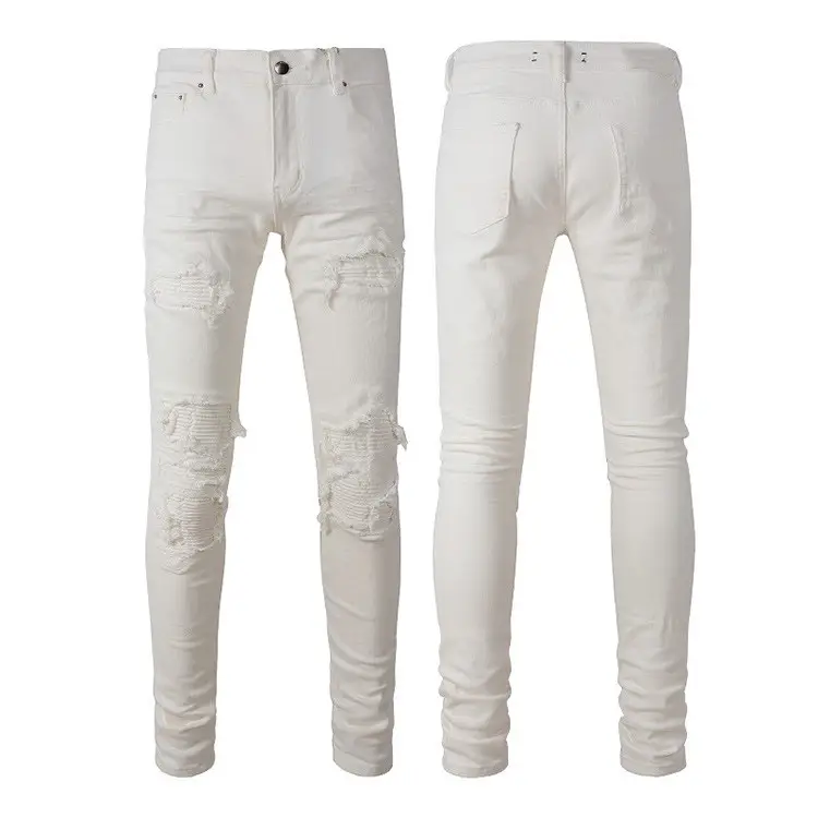 Foreign Trade High Street Fashion Brand White Jeans Men's European and American Street Ripped Pants Stretch Men's Slim-Fitting Pants 7592